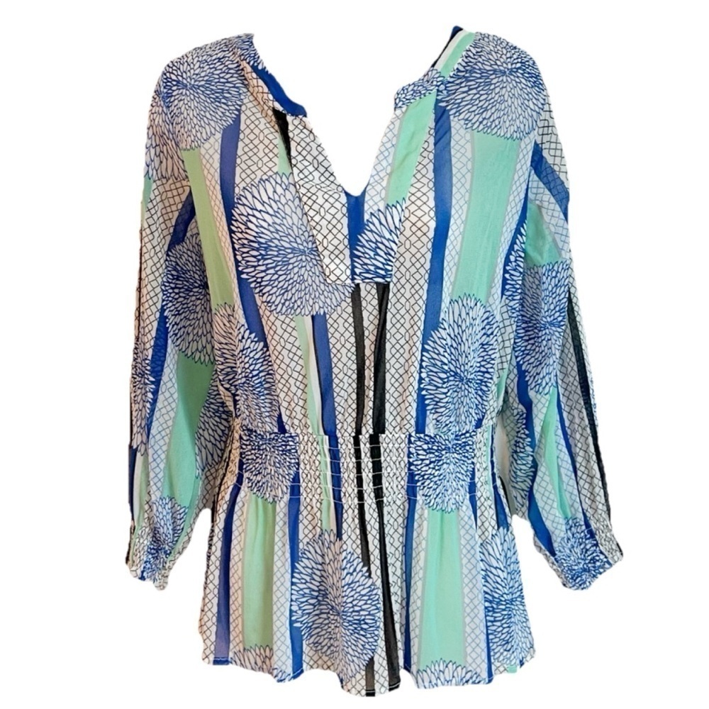Alfani V Neck Sheer Floral Peplum Long Sleeve Blouse Top Pullover XL Colorful